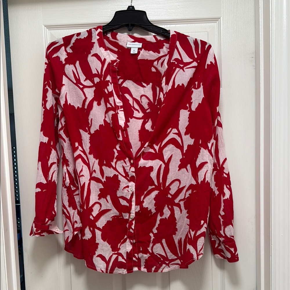 Liz Claiborne Red and White Buttoned Blouse with Mandarin Collar